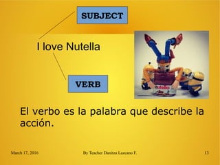 March 17, 2016 By Teacher Danitza Lazcano F. 13
I love Nutella
El verbo es la palabra que describe la
acción.
SUBJECT
VERB
 