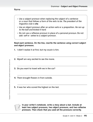 Copyright
©
McGraw-Hill
Education.
Permission
is
granted
to
reproduce
for
classroom
use. Name
Grammar • Subject and Object...