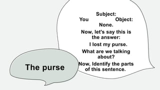 The purse
Subject:
You Object:
None.
Now, let's say this is
the answer:
I lost my purse.
What are we talking
about?
Now, Identify the parts
of this sentence.
 