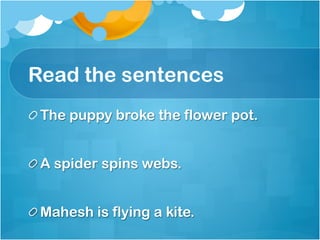 Read the sentences
 The puppy broke the flower pot.
 A spider spins webs.
 Mahesh is flying a kite.
 