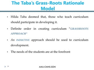 AMU-CMHS-SON
The Taba’s Grass-Roots Rationale
Model
 Hilda Taba deemed that, those who teach curriculum
should participat...