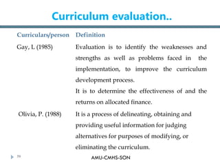 AMU-CMHS-SON
Curriculum evaluation..
Curriculars/person Definition
Gay, L (1985) Evaluation is to identify the weaknesses ...