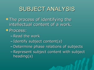 Subject Content Formation Process Subject cataloging | PPT