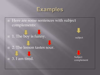    Here are some sentences with subject
    complements:

   1. The boy is funny.               subject



   2. The lemon tastes sour.

                                       Subject
   3. I am tired.                     complement
 