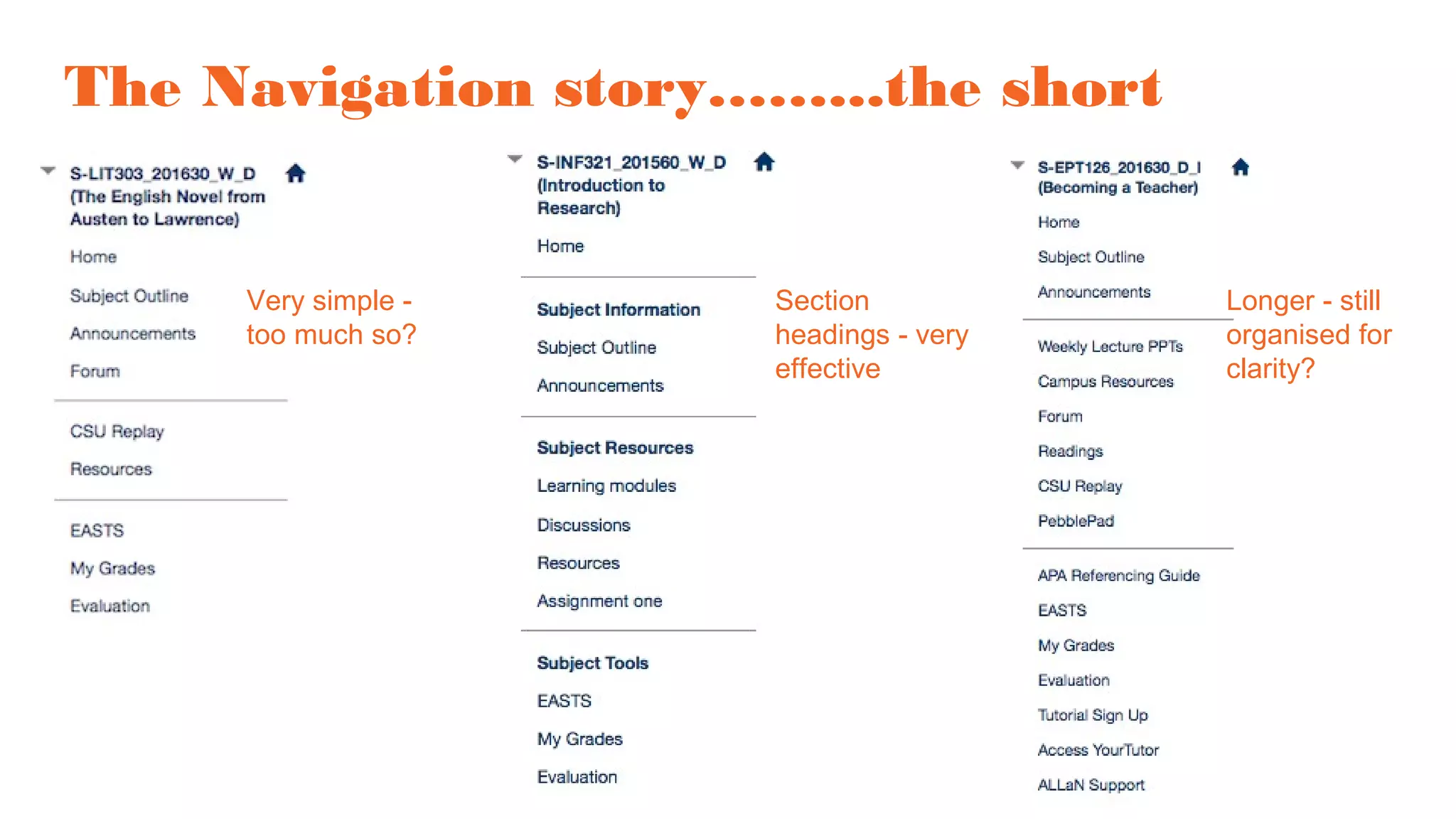 The Navigation story……...the short
Very simple -
too much so?
Section
headings - very
effective
Longer - still
organised for
clarity?
 