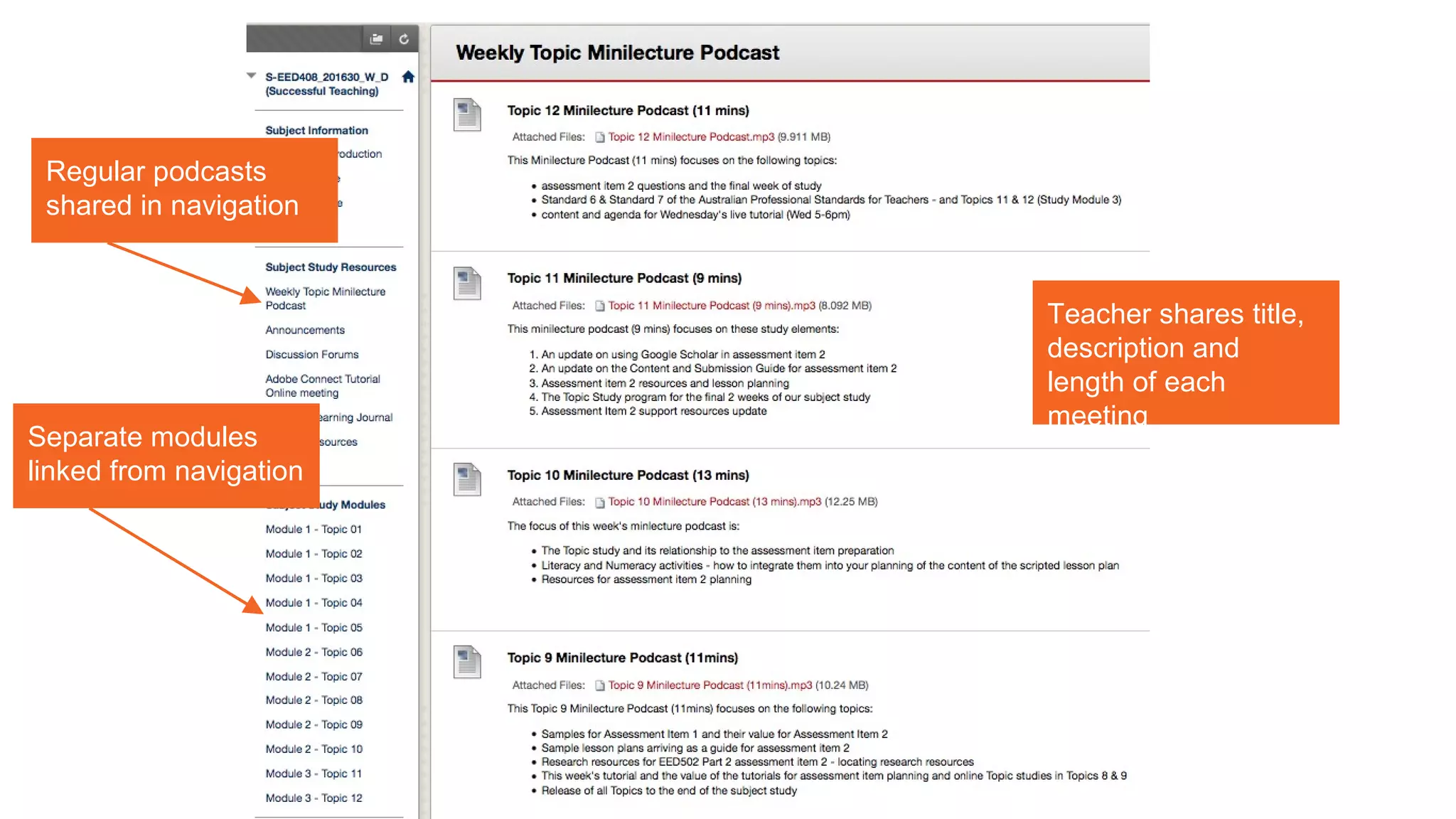 Regular podcasts
shared in navigation
Teacher shares title,
description and
length of each
meeting
Separate modules
linked from navigation
 