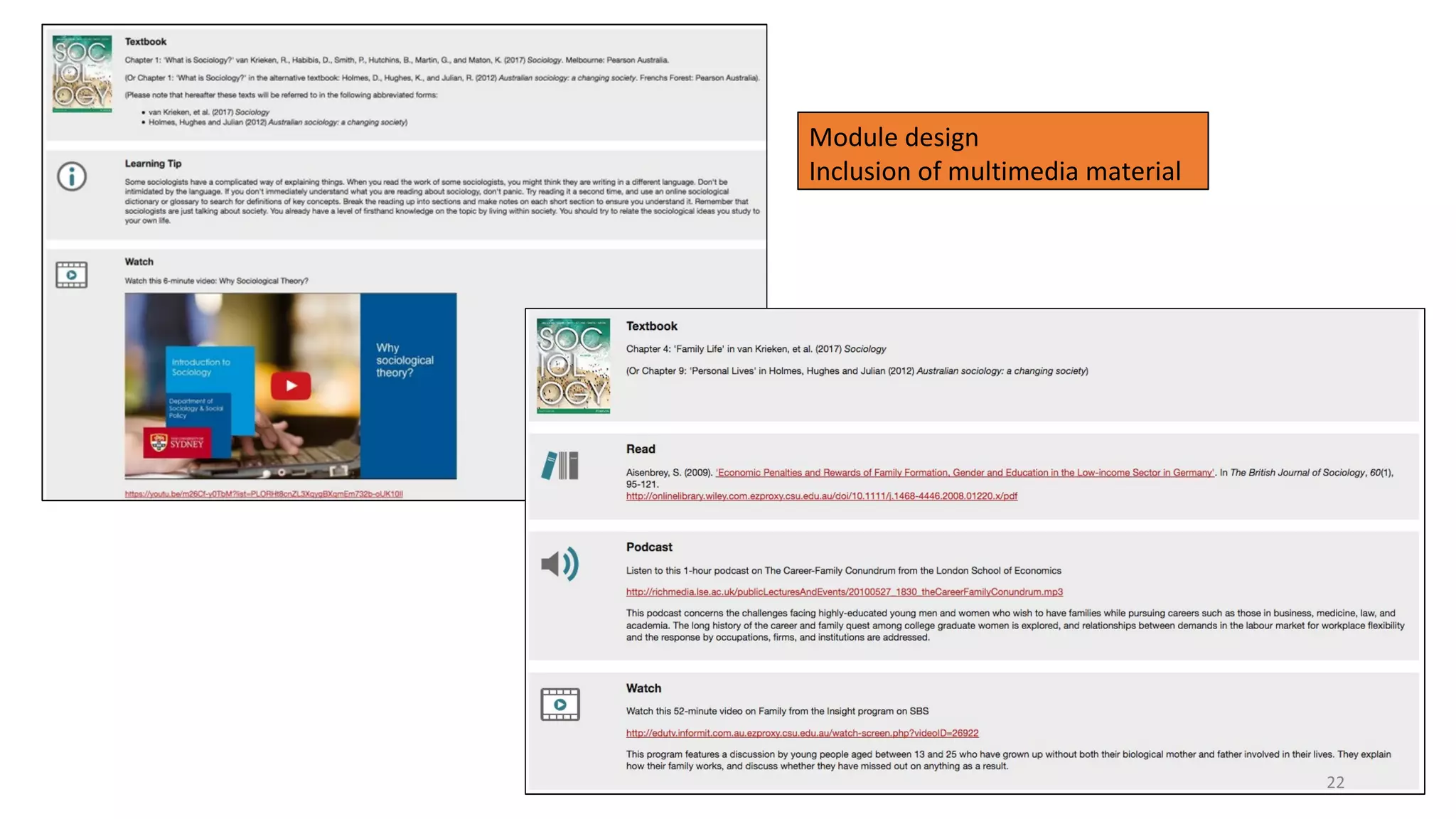 Module design
Inclusion of multimedia material
22
 