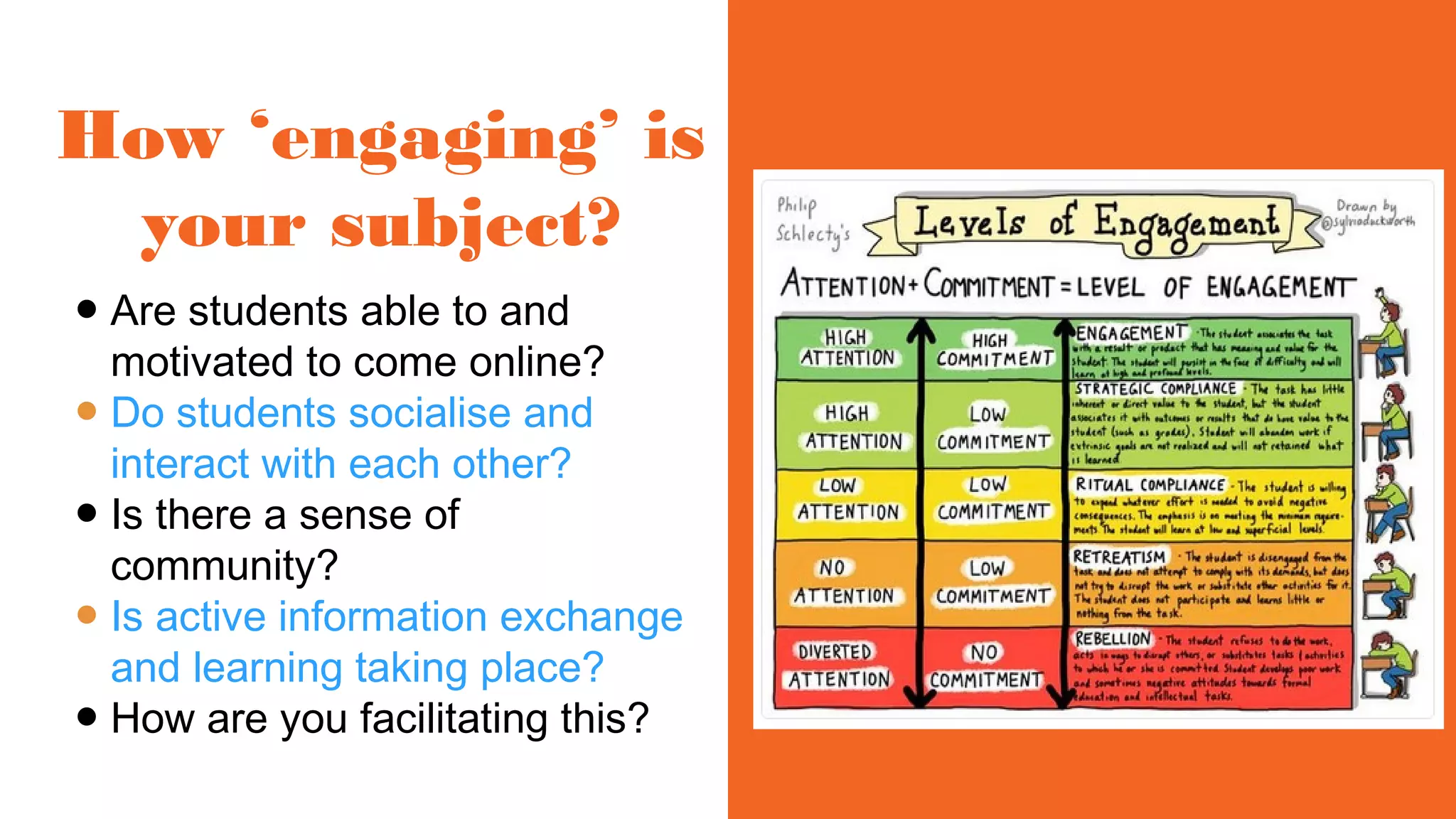 How ‘engaging’ is
your subject?
● Are students able to and
motivated to come online?
● Do students socialise and
interact with each other?
● Is there a sense of
community?
● Is active information exchange
and learning taking place?
● How are you facilitating this?
Social
Building a
learning
community
Collaborative
spaces
Effective
communication
Psychological
Emotional
Learner
engagement
Learnerinteraction
 