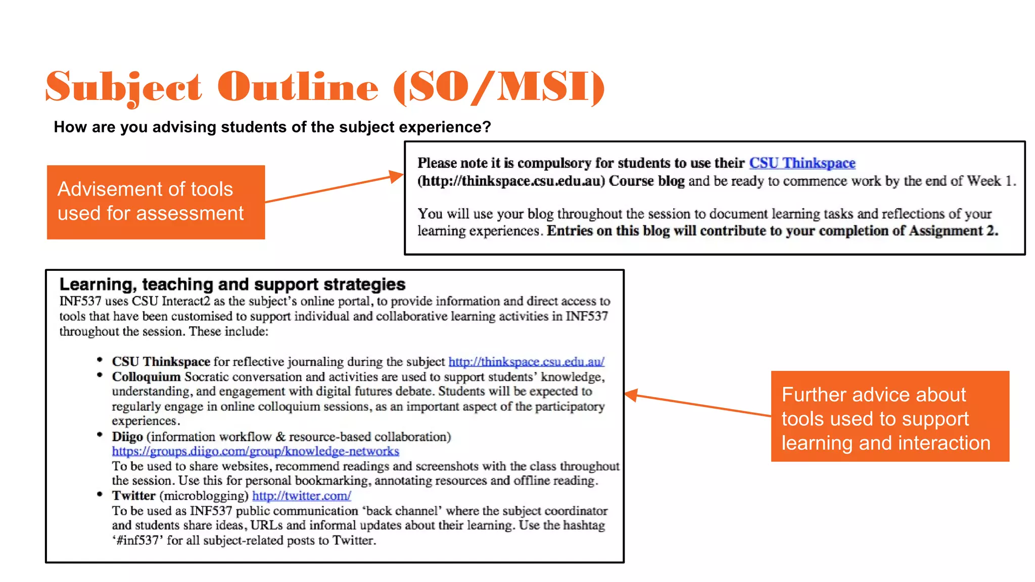 Subject Outline (SO/MSI)
How are you advising students of the subject experience?
Advisement of tools
used for assessment
Further advice about
tools used to support
learning and interaction
 