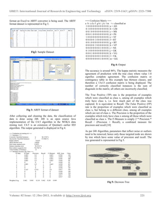IJRET: International Journal of Research in Engineering and Technology eISSN: 2319-1163 | pISSN: 2321-7308
__________________________________________________________________________________________
Volume: 02 Issue: 12 | Dec-2013, Available @ http://www.ijret.org 221
format an Excel to ARFF convertor is being used. The ARFF
format dataset is represented in Fig 3.
Fig2: Sample Dataset
Fig 3: ARFF format of dataset
After collecting and cleaning the data, the classification of
data is done using J48. J48 is an open source Java
implementation of the C4.5 algorithm in the WEKA data
mining tool. C4.5 is an extension of Quinlan's earlier ID3
algorithm. The output generated is displayed in Fig 4.
=== Evaluation on training set ===
=== Summary ===
Correctly Classified Instances 6 46.1538 %
Incorrectly Classified Instances 7 53.8462 %
Kappa statistic 0.4167
Mean absolute error 0.0828
Root mean squared error 0.2035
Relative absolute error 58.3333 %
Root relative squared error 76.3763 %
Total Number of Instances 13
=== Detailed Accuracy By Class ===
TP Rate FP Rate Precision Recall F-Measure ROC Area Class
1 0.083 0.5 1 0.667 0.958 AD
1 0.083 0.5 1 0.667 0.958 LM
1 0.083 0.5 1 0.667 0.958 MS
1 0.083 0.5 1 0.667 0.958 PS
0 0 0 0 0 0.958 ST
1 0.083 0.5 1 0.667 0.958 RT
0 0 0 0 0 0.958 BT
0 0 0 0 0 0.958 VP
1 0.167 0.333 1 0.5 0.917 NS
0 0 0 0 0 0.958 GK
0 0 0 0 0 0.958 VG
0 0 0 0 0 0.917 VK
0 0 0 0 0 0.917 GG
Weighted Avg. 0.462 0.045 0.218 0.462 0.295 0.949
=== Confusion Matrix ===
a b c d e f g h i j k l m <-- classified as
1 0 0 0 0 0 0 0 0 0 0 0 0 | a = AD
0 1 0 0 0 0 0 0 0 0 0 0 0 | b = LM
0 0 1 0 0 0 0 0 0 0 0 0 0 | c = MS
0 0 0 1 0 0 0 0 0 0 0 0 0 | d = PS
1 0 0 0 0 0 0 0 0 0 0 0 0 | e = ST
0 0 0 0 0 1 0 0 0 0 0 0 0 | f = RT
0 0 1 0 0 0 0 0 0 0 0 0 0 | g = BT
0 0 0 0 0 1 0 0 0 0 0 0 0 | h = VP
0 0 0 0 0 0 0 0 1 0 0 0 0 | i = NS
0 1 0 0 0 0 0 0 0 0 0 0 0 | j = GK
0 0 0 1 0 0 0 0 0 0 0 0 0 | k = VG
0 0 0 0 0 0 0 0 1 0 0 0 0 | l = VK
0 0 0 0 0 0 0 0 1 0 0 0 0 | m = GG
Fig 4: Output
The accuracy is around 46%. The kappa statistic measures the
agreement of prediction with the true class where value 1.0
signifies complete agreement. The confusion matrix or
contingency table in this example has thirteen classes, and
therefore a 13x13 confusion matrix is being displayed. The
number of correctly classified instances is the sum of
diagonals in the matrix; all others are incorrectly classified.
The True Positive (TP) rate is the proportion of examples
which were classified as class x, among all examples which
truly have class x, i.e. how much part of the class was
captured. It is equivalent to Recall. The False Positive (FP)
rate is the proportion of examples which were classified as
class x, but belong to a different class, among all examples
which are not of class x. The Precision is the proportion of the
examples which truly have class x among all those which were
classified as class x. The F-Measure is simply 2 * Precision *
Recall / (Precision + Recall), a combined measure for
precision and recall.[10]
As per J48 Algorithm, parameters that reflect noise or outliers
need to be removed, hence only those targeted node are shown
by tree which have some value of precision and recall. The
tree generated is represented in Fig 5.
Fig 5: Decision Tree
 