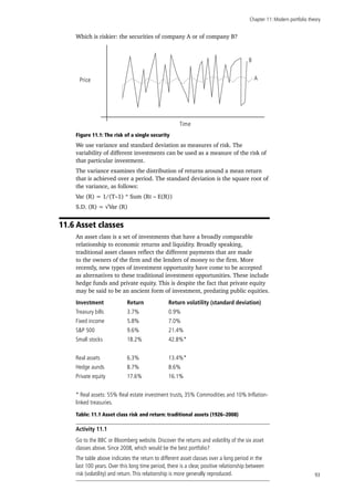 Chapter 11: Modern portfolio theory
93
Which is riskier: the securities of company A or of company B?
Price
Time
B
A
Figure 11.1: The risk of a single security
We use variance and standard deviation as measures of risk. The
variability of different investments can be used as a measure of the risk of
that particular investment.
The variance examines the distribution of returns around a mean return
that is achieved over a period. The standard deviation is the square root of
the variance, as follows:
Var (R) = 1/(T–1) * Sum (Rt – E(R))
S.D. (R) = √Var (R)
11.6 Asset classes
An asset class is a set of investments that have a broadly comparable
relationship to economic returns and liquidity. Broadly speaking,
traditional asset classes reflect the different payments that are made
to the owners of the firm and the lenders of money to the firm. More
recently, new types of investment opportunity have come to be accepted
as alternatives to these traditional investment opportunities. These include
hedge funds and private equity. This is despite the fact that private equity
may be said to be an ancient form of investment, predating public equities.
Investment Return Return volatility (standard deviation)
Treasury bills 3.7% 0.9%
Fixed income 5.8% 7.0%
S&P 500 9.6% 21.4%
Small stocks 18.2% 42.8%*
Real assets 6.3% 13.4%*
Hedge aunds 8.7% 8.6%
Private equity 17.6% 16.1%
* Real assets: 55% Real estate investment trusts, 35% Commodities and 10% Inflation-
linked treasuries.
Table: 11.1 Asset class risk and return: traditional assets (1926–2008)
Activity 11.1
Go to the BBC or Bloomberg website. Discover the returns and volatility of the six asset
classes above. Since 2008, which would be the best portfolio?
The table above indicates the return to different asset classes over a long period in the
last 100 years. Over this long time period, there is a clear, positive relationship between
risk (volatility) and return.This relationship is more generally reproduced.
 