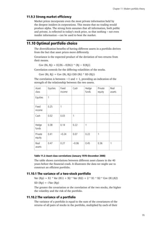 Chapter 11: Modern portfolio theory
95
11.9.3 Strong market efficiency
Market prices incorporate even the most private information held by
the deepest insiders in corporations. This means that no trading would
produce alpha. The strong form assumes that all information, both public
and private, is reflected in today’s stock price, so that nothing – not even
insider information – can be used to beat the market.	
11.10 Optimal portfolio choice
The diversification benefits of having different assets in a portfolio derives
from the fact that asset prices move differently.
Covariance is the expected product of the deviation of two returns from
their means.
Cov (Ri, Rj) = E[(Ri – E(Ri)) * (Rj − E(Rj)]
Correlation controls for the differing volatilities of the stocks.
Corr (Ri, Rj) = Cov (Ri, Rj)/(SD (Ri) * SD (Rj))
The correlation is between −1 and + 1, providing an indication of the
strength of the relationship between the two assets.
Asset
class
Equities Fixed
income
Cash Hedge
funds
Private
equity
Real
assets
Equities 1
Fixed
income
0.25 1
Cash 0.02 0.03 1
Hedge
funds
0.38 0.14 0.22 1
Private
equity
0.41 –0.24 0.07 0.22 1
Real
assets
0.47 0.27 –0.06 0.45 0.36 1
Table 11.2: Asset class correlations (January 1970–December 2008)
The table shows correlations between different asset classes in the 40
years before the financial crash. It illustrates the data we might use to
construct an efficient portfolio.
11.10.1 The variance of a two-stock portfolio
Var (Rp) = X1 * Var (R1) + X2 * Var (R2) + 2 * X1 * X2 * Cov (R1,R2)
SD (Rp) = √Var (Rp)
The greater the covariation or the correlation of the two stocks, the higher
the volatility and the risk of the portfolio.
11.10.2 The variance of a portfolio
The variance of a portfolio is equal to the sum of the covariances of the
returns of all pairs of stocks in the portfolio, multiplied by each of their
 