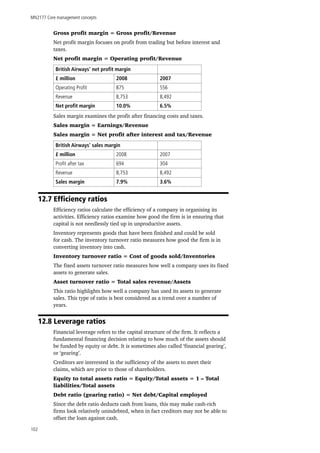 MN2177 Core management concepts
102
Gross profit margin = Gross profit/Revenue
Net profit margin focuses on profit from trading but before interest and
taxes.
Net profit margin = Operating profit/Revenue
British Airways’ net profit margin
£ million 2008 2007
Operating Profit 875 556
Revenue 8,753 8,492
Net profit margin 10.0% 6.5%
Sales margin examines the profit after financing costs and taxes.
Sales margin = Earnings/Revenue
Sales margin = Net profit after interest and tax/Revenue
British Airways’ sales margin
£ million 2008 2007
Profit after tax 694 304
Revenue 8,753 8,492
Sales margin 7.9% 3.6%
12.7 Efficiency ratios
Efficiency ratios calculate the efficiency of a company in organising its
activities. Efficiency ratios examine how good the firm is in ensuring that
capital is not needlessly tied up in unproductive assets.
Inventory represents goods that have been finished and could be sold
for cash. The inventory turnover ratio measures how good the firm is in
converting inventory into cash.
Inventory turnover ratio = Cost of goods sold/Inventories
The fixed assets turnover ratio measures how well a company uses its fixed
assets to generate sales.
Asset turnover ratio = Total sales revenue/Assets
This ratio highlights how well a company has used its assets to generate
sales. This type of ratio is best considered as a trend over a number of
years.
12.8 Leverage ratios
Financial leverage refers to the capital structure of the firm. It reflects a
fundamental financing decision relating to how much of the assets should
be funded by equity or debt. It is sometimes also called ‘financial gearing’,
or ‘gearing’.
Creditors are interested in the sufficiency of the assets to meet their
claims, which are prior to those of shareholders.
Equity to total assets ratio = Equity/Total assets = 1 – Total
liabilities/Total assets
Debt ratio (gearing ratio) = Net debt/Capital employed
Since the debt ratio deducts cash from loans, this may make cash-rich
firms look relatively unindebted, when in fact creditors may not be able to
offset the loan against cash.
 
