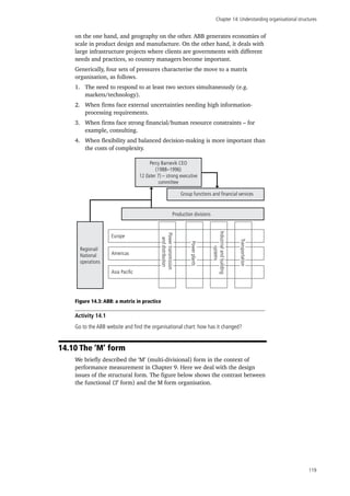 Chapter 14: Understanding organisational structures
119
on the one hand, and geography on the other. ABB generates economies of
scale in product design and manufacture. On the other hand, it deals with
large infrastructure projects where clients are governments with different
needs and practices, so country managers become important.
Generically, four sets of pressures characterise the move to a matrix
organisation, as follows.
1.	 The need to respond to at least two sectors simultaneously (e.g.
markets/technology).
2.	 When firms face external uncertainties needing high information-
processing requirements.
3.	 When firms face strong financial/human resource constraints – for
example, consulting.
4.	 When flexibility and balanced decision-making is more important than
the costs of complexity.
Figure 14.3: ABB: a matrix in practice
Activity 14.1
Go to the ABB website and find the organisational chart: how has it changed?
14.10 The ‘M’ form
We briefly described the ‘M’ (multi-divisional) form in the context of
performance measurement in Chapter 9. Here we deal with the design
issues of the structural form. The figure below shows the contrast between
the functional (‘J’ form) and the M form organisation.
Percy Barnevik CEO
(1988–1996)
12 (later 7) – strong executive
committee
Group functions and financial services
Production divisions
Regional/
National
operations
Europe
Americas
Asia Pacific
Powertransmission
anddistribution
Powerplants
Industrialandbuilding
systems
Transportation
 