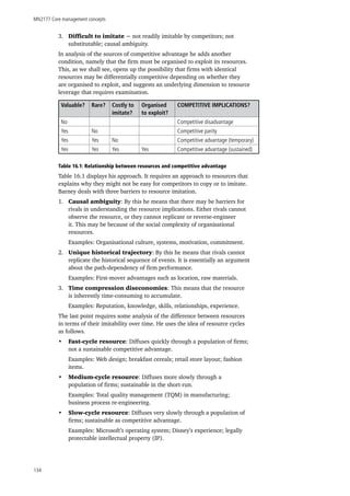MN2177 Core management concepts
134
3.	 Difficult to imitate − not readily imitable by competitors; not
substitutable; causal ambiguity.
In analysis of the sources of competitive advantage he adds another
condition, namely that the firm must be organised to exploit its resources.
This, as we shall see, opens up the possibility that firms with identical
resources may be differentially competitive depending on whether they
are organised to exploit, and suggests an underlying dimension to resource
leverage that requires examination.
Valuable? Rare? Costly to
imitate?
Organised
to exploit?
COMPETITIVE IMPLICATIONS?
No Competitive disadvantage
Yes No Competitive parity
Yes Yes No Competitive advantage (temporary)
Yes Yes Yes Yes Competitive advantage (sustained)
Table 16.1: Relationship between resources and competitive advantage
Table 16.1 displays his approach. It requires an approach to resources that
explains why they might not be easy for competitors to copy or to imitate.
Barney deals with three barriers to resource imitation.
1.	 Causal ambiguity: By this he means that there may be barriers for
rivals in understanding the resource implications. Either rivals cannot
observe the resource, or they cannot replicate or reverse-engineer
it. This may be because of the social complexity of organisational
resources.
Examples: Organisational culture, systems, motivation, commitment.
2.	 Unique historical trajectory: By this he means that rivals cannot
replicate the historical sequence of events. It is essentially an argument
about the path-dependency of firm performance.
Examples: First-mover advantages such as location, raw materials.
3.	 Time compression diseconomies: This means that the resource
is inherently time-consuming to accumulate.
Examples: Reputation, knowledge, skills, relationships, experience.
The last point requires some analysis of the difference between resources
in terms of their imitability over time. He uses the idea of resource cycles
as follows.
•	 Fast-cycle resource: Diffuses quickly through a population of firms;
not a sustainable competitive advantage.
Examples: Web design; breakfast cereals; retail store layout; fashion
items.
•	 Medium-cycle resource: Diffuses more slowly through a
population of firms; sustainable in the short-run.
Examples: Total quality management (TQM) in manufacturing;
business process re-engineering.
•	 Slow-cycle resource: Diffuses very slowly through a population of
firms; sustainable as competitive advantage.
Examples: Microsoft’s operating system; Disney’s experience; legally
protectable intellectual property (IP).
 