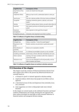 MN2177 Core management concepts
146
Cognitive bias Consequence of bias
Asymmetries of loss
and gain
Losses are chased more than gains
Endowment effects What you have to sell is undervalued relative to what you
buy
Social norms The risk or decision profiles of the local culture are followed
Groupthink Intragroup momentum governs a decision, and censors
dissent
Herding Instead of making rational choices, we watch what others do
Incentives Risk-reward outcomes are distorted by personal payoff
system
Impression
management
More important to look good than do good
Competitive pressures It becomes more important to win than to achieve
Table 17.3: Influence of cognitive biases on decision taking
Cognitive bias Consequence of bias
Hindsight bias History is rewritten; “I knew this would happen”
Regression to the
mean
Random variations are perceived as systemically caused
Rationalisation of
outcomes
Failures are re-evaluated as benefits
Illusions of control It is believed uncontrollable outcomes can be controlled
Escalating commitment Good money is thrown after bad; motivated by sunk costs
Failure reactions Learning is for future avoidance rather than analytical or
constructive insight
Attribution errors Errors are over-attributed to will and personality, and too
little to situation and chance
Table 17.4: Influence of cognitive biases on reactions to decision outcomes
17.5 Overview of the chapter
This chapter traced the evolution of behavioural decision theories from
their origins in the 1950s to the present day. Behavioural theories are
normally based on:
i.	 a concept of a ‘good’ or ‘rational’ approach to decision-making
ii.	 empirical evidence which shows that people do not follow such an
approach
iii.	 a theoretical account of why such departures from rationality occur,
and, sometimes
iv.	 some suggestions as to how to help people make more rational
decisions.
In this chapter we centred mostly on the celebrated ‘heuristics and biases’
tradition of Kahnemann and Tversky, showing how the approach that
these authors developed can shed light on both economic behaviour in
financial markets and managerial decision-making.
 