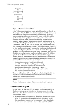 MN2177 Core management concepts
14
Spot contracts
T1..........E1..........X1
T2..........E2..........X2
T3..........E3..........X3
Contingent claims
E1..........X1
E2..........X2
E3..........X3
Authority relation
T1..........
T2.......... ..........X2
T3..........
Figure 2.1: Alternative contractual forms
What Williamson comes up with as the optimal form relies very heavily on
Doeringer and Piore’s (1971) idea of an ‘enterprise market’. He emphasises
several elements: internal promotion ladders to encourage on-the-job
training and cooperation, pay rates attached to jobs within these ladders
(rather than individual performance), ascending with position on the
hierarchy, moderate rather than intensive metering, and job security
bolstered by a grievance or arbitration procedure to resolve disputes. He
is, in effect, describing the institutional structure of managerial capitalism
– what Davis (2009, pp.195–200) has referred to as ‘corporate feudalism’
– in which long-term attachments between firms and employees, bolstered
by firm-specific benefits and privileges such as pensions, profit sharing and
long-term employment, characterised not only the fabric of managerial
work but, increasingly with the advent of labour unions and particularly in
the USA, that of all permanent employees. And a key part of the efficiency
gains that come from this considerable investment in hierarchy comes
from its impact on the behaviours of those in the hierarchy. His distinction
between ‘consummate’ and ‘perfunctory’ cooperation outlines but does not
perform a theory of value creation by managers.
Consummate cooperation is an affirmative job attitude –
to include the use of judgement, filling gaps, and taking
initiative… Perfunctory cooperation, by contrast, involves
job performance of a minimally acceptable sort … where…
incumbents… need merely to maintain a slight margin over the
best available inexperienced candidate.
Based on findings from different disciplines, understanding this difference
provided the motivation for the development of theories about both
management and labour performance.
Activity 2.2
What are the advantages to employers of long-term relationships with employees?
2.7 Overview of chapter
In this chapter, we have tried, first, to describe in brief the emergence of
the large firm and, second, to outline the first main attempt to develop a
theory of it. This theory has a number of features that are significant for
the chapters to follow.
1.	 It emerges essentially as a negative explanation about market failure:
firms are implicitly second-best structures that arise when markets
fail. Logically, one optimises the performance of a firm hierarchy by
making sure it runs as close to being a market as possible. Within
 