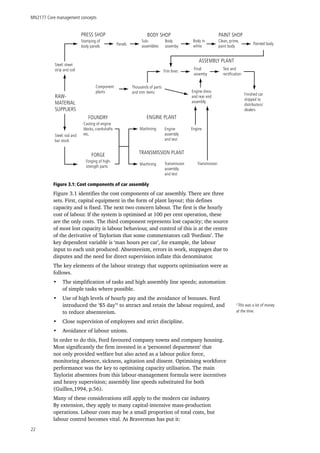 MN2177 Core management concepts
22
PRESS SHOP BODY SHOP PAINT SHOP
Stamping of
body panels
Steel: sheet
strip and coil
Panels
Sub-
assemblies
Body
assemby
Body in
white
Clean, prime,
paint body
Painted body
ASSEMBLY PLANT
Trim lines
Final
assemby
Test and
rectification
Finished car
shipped to
distributors/
dealers
Thousands of parts
and trim items
Component
plants Engine dress
and rear end
assembly
RAW-
MATERIAL
SUPPLIERS
Steel: rod and
bar stock
Forging of high-
strength parts
FORGE
Casting of engine
blocks, crankshafts
etc.
FOUNDRY
Machining
Machining
ENGINE PLANT
Engine
assembly
and test
TRANSMISSION PLANT
Transmission
assembly
and test
Engine
Transmission
Figure 3.1: Cost components of car assembly
Figure 3.1 identifies the cost components of car assembly. There are three
sets. First, capital equipment in the form of plant layout; this defines
capacity and is fixed. The next two concern labour. The first is the hourly
cost of labour. If the system is optimised at 100 per cent operation, these
are the only costs. The third component represents lost capacity; the source
of most lost capacity is labour behaviour, and control of this is at the centre
of the derivative of Taylorism that some commentators call ‘Fordism’. The
key dependent variable is ‘man hours per car’, for example, the labour
input to each unit produced. Absenteeism, errors in work, stoppages due to
disputes and the need for direct supervision inflate this denominator.
The key elements of the labour strategy that supports optimisation were as
follows.
•	 The simplification of tasks and high assembly line speeds; automation
of simple tasks where possible.
•	 Use of high levels of hourly pay and the avoidance of bonuses. Ford
introduced the ‘$5 day’2
to attract and retain the labour required, and
to reduce absenteeism.
•	 Close supervision of employees and strict discipline.
•	 Avoidance of labour unions.
In order to do this, Ford favoured company towns and company housing.
Most significantly the firm invested in a ‘personnel department’ that
not only provided welfare but also acted as a labour police force,
monitoring absence, sickness, agitation and dissent. Optimising workforce
performance was the key to optimising capacity utilisation. The main
Taylorist absentees from this labour-management formula were incentives
and heavy supervision; assembly line speeds substituted for both
(Guillen,1994, p.56).
Many of these considerations still apply to the modern car industry.
By extension, they apply to many capital-intensive mass-production
operations. Labour costs may be a small proportion of total costs, but
labour control becomes vital. As Braverman has put it:
2
This was a lot of money
at the time.
 