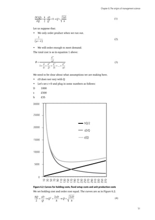 Chapter 6:The origins of management science
51
2
( ) 2
0
2
DC Q h sD sD
Q
DQ Q h
= − = → = (1)
Let us suppose that:
•	 We only order product when we run out.
•	 We will order enough to meet demand.
The total cost is as in equation 1 above:
We need to be clear about what assumptions we are making here.
•	 cD does not vary with Q
•	 Let’s set c=0 and plug in some numbers as follows:
D	1000
s	£500
h	£35	
0
5000
15000
25000
10000
20000
30000
10
30
50
70
90
110
130
150
170
190
210
230
250
290
330
370
270
310
350
c(Q)
sD/Q
hQ/2
	
Figure 6.2: Curves for holding costs, fixed setup costs and unit production costs
We set holding cost and order cost equal. The curves are as in Figure 6.2.
2 3
!
1 ...
1! 2! 3! !
n
n
nBB
n
λ
λ λ λ λ
=
+ + + + +
(3)
2 2 2
2
hQ sD sD sD
Q Q
Q h h
= → = → = (4)
( )
1
µ λ−
(2)
 