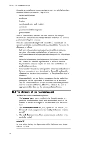 MN2177 Core management concepts
84
Financial accounts have a number of discrete users, not all of whom have
the same information interests. They include:
•	 owners and investors
•	 employees
•	 lenders
•	 suppliers and other trade creditors
•	 customers
•	 governments and their agencies
•	 public interest.
Some of these users do not share the same concerns; for example,
investors and tax authorities have very different interests in the financial
performance of a given company.
Financial accounts must comply with certain broad requirements for
relevance, reliability, comparability and understandability. These may be
elaborated as follows.
•	 Relevance relates to information that has the ability to influence
decisions. Information quality in financial reports may have
confirmatory value (relating to past events) or predictive value (future
ones).
•	 Reliability relates to the requirement that the information in reports
be a faithful and complete representation. It should in addition
be presented in a neutral way, be free from error and be based on
prudential assumptions.
•	 Comparability relates to the principles that similarities and differences
between companies or over time should be discernible and capable
of evaluation. It relates to the consistency of the data and the level of
disclosure.
•	 Understandability has two distinct components, but the underlying
principle is that the significance of information can be perceived.
The first component relates to users: information must be presented
in a way users can understand. The second relates to the level of
aggregation of the data and the categories of classification.
10.3 The elements of the financial report
We focus here on the three key components:
1.	 The balance sheet is concerned with the financial position at a
particular moment in time. What is the accumulated wealth of the
business at the end of each period, and what form does the wealth
take?
2.	 The income statement (US, IFRS)/profit and loss account (UK).
How much wealth was generated (or lost) by the business over that
period?
3.	 The cash flow statement. What cash movements took place over a
particular period?
Activity 10.1
Go to the website of a large firm of your choice and find the financial report.Answer
questions 1–3 above.
 