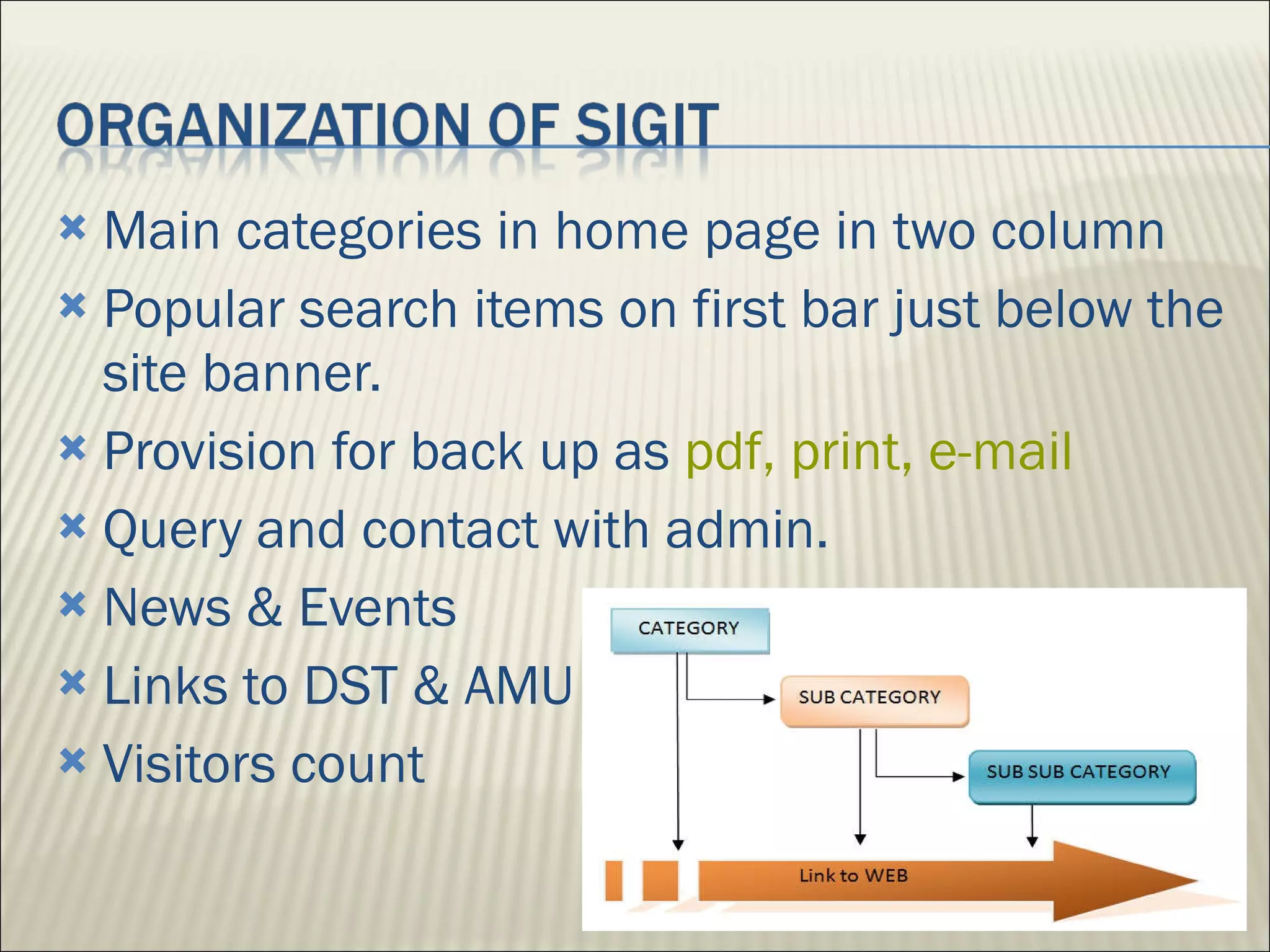Main categories in home page in two column Popular search items on first bar just below the site banner. Provision for back up as  pdf, print, e-mail Query and contact with admin. News & Events Links to DST & AMU Visitors count 