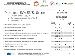 Leonardo da Vinci Partnerships Project
GUI USABILITY AND ACCESSIBILITY:
EXCHANGING KNOWLEDGE AND EXPERIENCES
This project has been funded with support from the European
Commission under the Lifelong Learning Programme
11
1 2 3 4 5
1 2 3 4 5
1 2 3 4 5
1 2 3 4 5
1 2 3 4 5
1 2 3 4 5
1 2 3 4 5
1 2 3 4 5
1 2 3 4 5
1 2 3 4 5
1. I think that I would like to use this system frequently
2. I found the system unnecessarily complex
3. I thought the system was easy to use
4. I think that I would need the support of a technical person to be able to use this system
5. I found the various functions in this system were well integrated
6. I thought there was too much inconsistency in this system
7. I would imagine that most people would learn to use this system very quickly
8. I found the system very cumbersome to use
9. I felt very confident using the system
10. I needed to learn a lot of things before I could get going with this system
Strongly Strongly
Disagree Agree










Post-test SQ: SUS. Steps
 Reverse items 2,4,6,8,10
 Sum positions for each item (0 to 4)
 Multiply by 2.5
4
1
1
4
1
2
1
1
4
3
TOTAL
SCORE: 22
SUS SCORE:
22*2.5=55
 