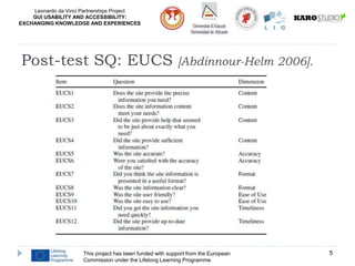Leonardo da Vinci Partnerships Project
GUI USABILITY AND ACCESSIBILITY:
EXCHANGING KNOWLEDGE AND EXPERIENCES
This project has been funded with support from the European
Commission under the Lifelong Learning Programme
5
Post-test SQ: EUCS [Abdinnour-Helm 2006].
 