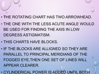 • THE ROTATING CHART HAS TWO ARROWHEAD.
• THE ONE WITH THE LESS ACUTE ANGLE WOULD
BE USED FOR FINDING THE AXIS IN LOW
DEGRESS ASTIGMATISM.
• THIS CHARTS HAVE BLOCKS.
• IF THE BLOCKS ARE ALLIGNED SO THEY ARE
PARALLEL TO PRINCIPAL MERIDIANS OF THE
FOGGED EYE,THEN ONE SET OF LINES WILL
APPEAR CLEARER.
• CYLINDERICAL POWER IS ADDED UNTIL BOTH
 