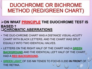 CHROMATIC ABERRATIONS
• THE DUO-CHROME CHART WAS A DISTANCE VISUAL-ACUITY
CHART WITH BLACK LETTERS, AND THE CHART WAS SPLIT
EQUALLY INTO TWO IDENTICAL HALVES.
• LETTERS ON THE RIGHT HALF OF THE CHART HAD A GREEN
BACKGROUND AND THE IDENTICAL LEFT HALF OF THE CHART
HAD A RED BACKGROUND.
• GREEN LIGHT OF 535 NM TENDS TO FOCUS 0.20D IN FRONT OF
THE RETINA.
ON WHAT PRINCIPLE THE DUOCHROME TEST IS
BASED ?
 