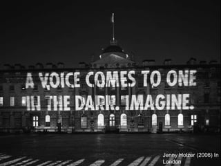 Jenny Holzer1983 Abuse of Power comes as no Suprise (T-shirt modelled by Lady Pink)  Shown in New York.  Part of the Truisms series.