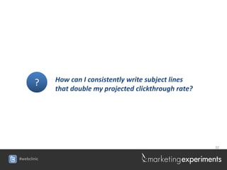 ?    How can I consistently write subject lines
             that double my projected clickthrough rate?




                                                           32


#webclinic
 