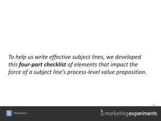 To help us write effective subject lines, we developed
this four-part checklist of elements that impact the
force of a subject line’s process-level value proposition.




                                                             33


  #webclinic
 