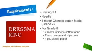 11
• Sewing Kit
• Needle
• 1 meter Chinese cotton fabric
(Grade 7)
• For Grade 8
• 2 meter Chinese cotton fabric
• French curve and Hip curve
• 1 pc. Manila paper
DRESSMA
KING
Technology and Livelihood Education
 
