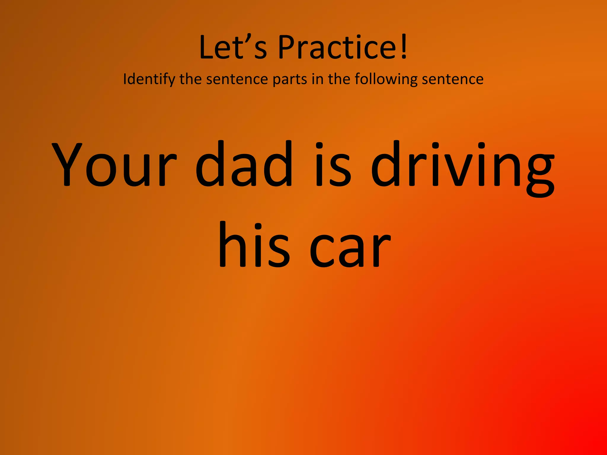 Let’s Practice!
Identify the sentence parts in the following sentence
Your dad is driving
his car
 