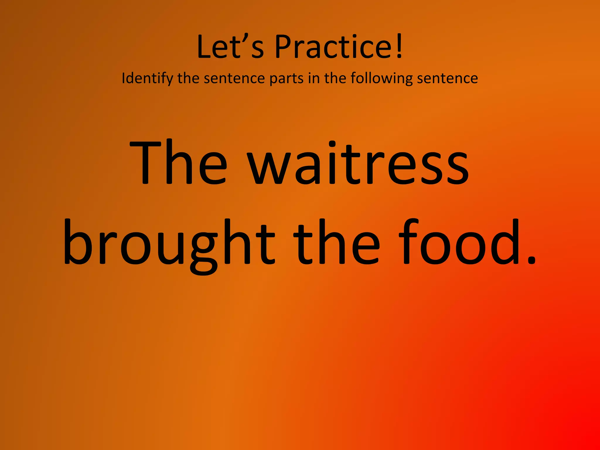 Let’s Practice!
Identify the sentence parts in the following sentence
The waitress
brought the food.
 