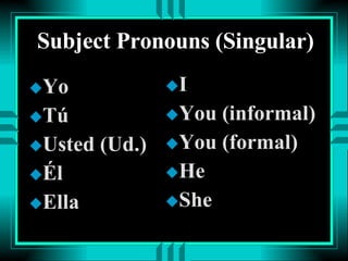 Subject Pronouns (Singular) Yo Tú Usted (Ud.) Él Ella I You (informal) You (formal) He She 