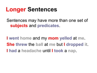 Longer Sentences
Sentences may have more than one set of
subjects and predicates.
I went home and my mom yelled at me.
She threw the ball at me but I dropped it.
I had a headache until I took a nap.
 