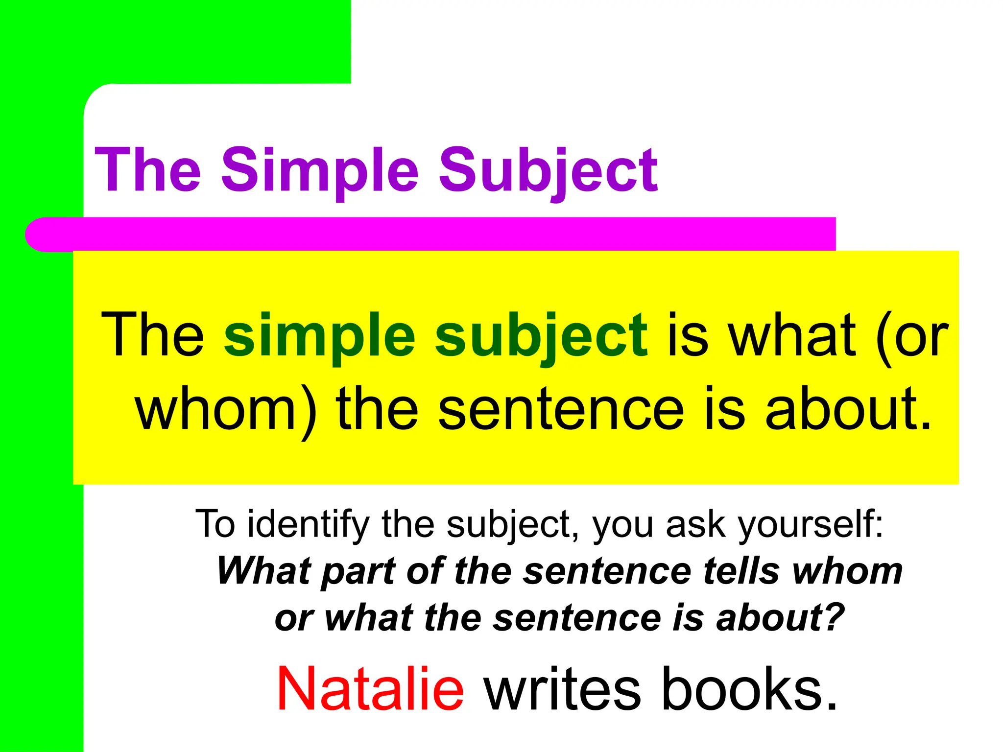 The Simple Subject
The simple subject is what (or
whom) the sentence is about.
Natalie writes books.
To identify the subject, you ask yourself:
What part of the sentence tells whom
or what the sentence is about?
 