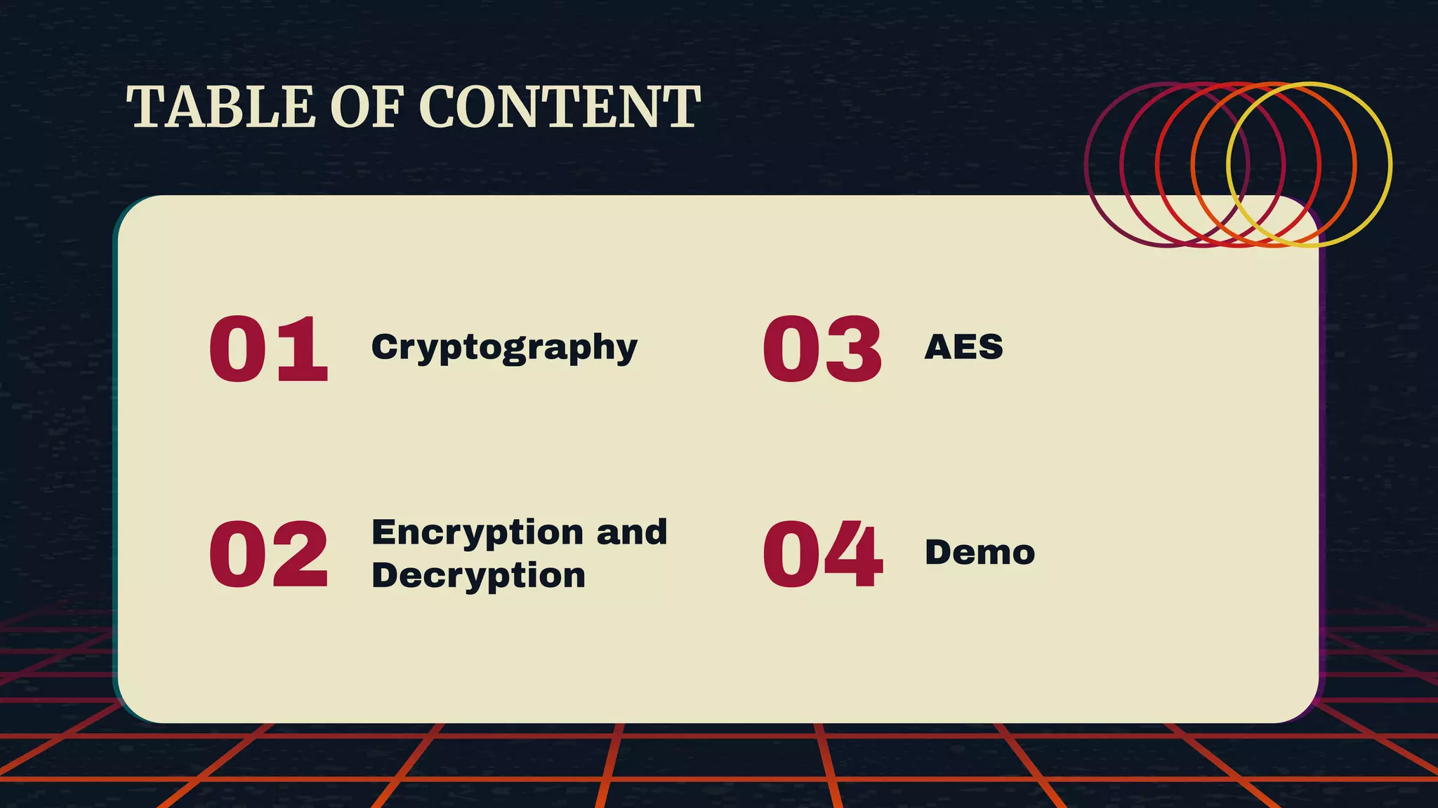 TABLE OF CONTENT 01 03 Encryption and Decryption 02 Demo 04 Cryptography AES 