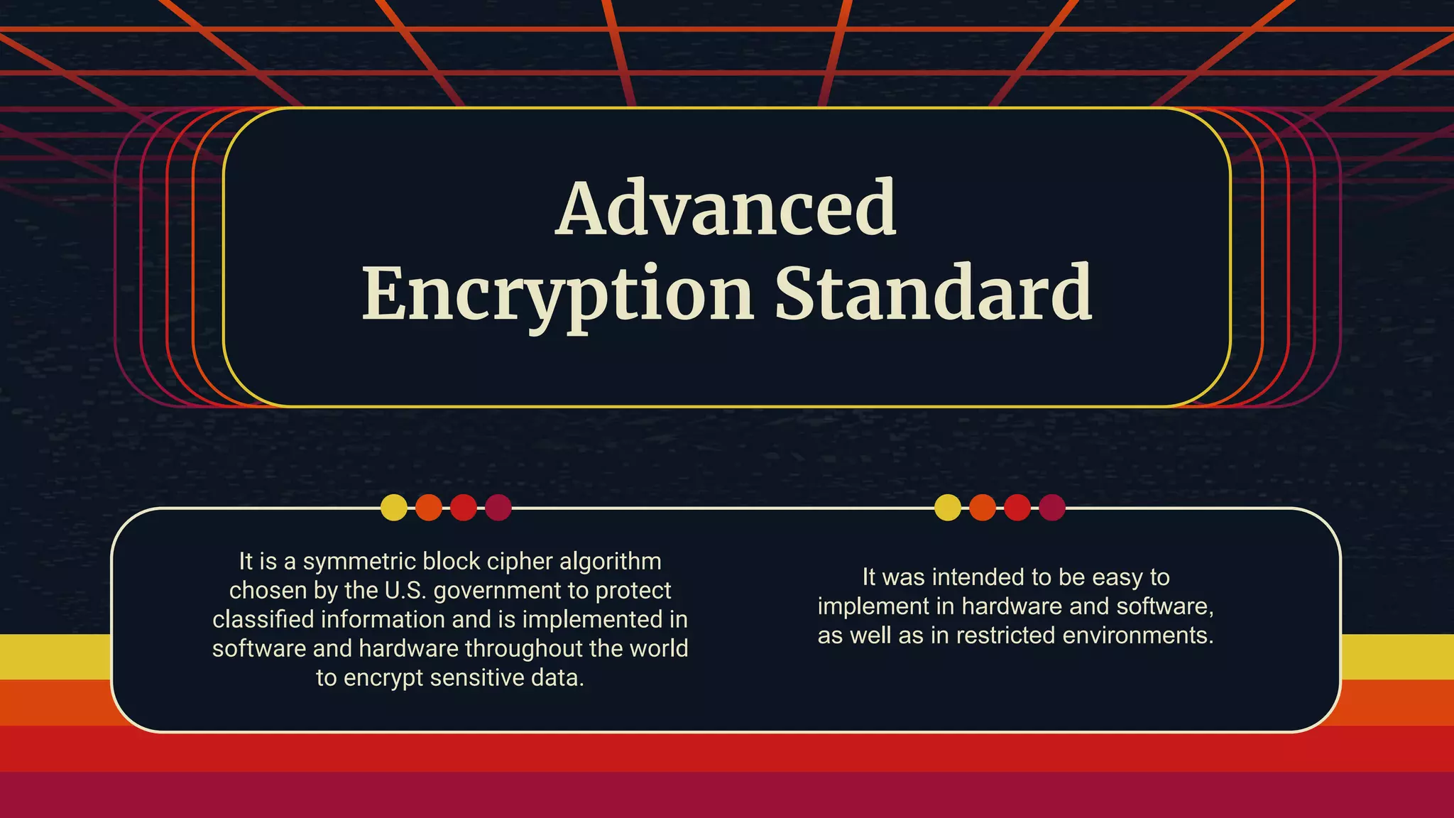 Advanced Encryption Standard It is a symmetric block cipher algorithm chosen by the U.S. government to protect classiﬁed information and is implemented in software and hardware throughout the world to encrypt sensitive data. It was intended to be easy to implement in hardware and software, as well as in restricted environments. 