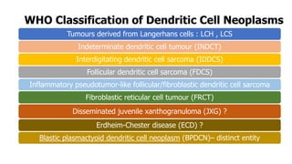 WHO Classification of Dendritic Cell Neoplasms
Tumours derived from Langerhans cells : LCH , LCS
Indeterminate dendritic cell tumour (INDCT)
Interdigitating dendritic cell sarcoma (IDDCS)
Follicular dendritic cell sarcoma (FDCS)
Inflammatory pseudotumor-like follicular/fibroblastic dendritic cell sarcoma
Fibroblastic reticular cell tumour (FRCT)
Disseminated juvenile xanthogranuloma (JXG) ?
Erdheim-Chester disease (ECD) ?
Blastic plasmactyoid dendritic cell neoplasm (BPDCN)– distinct entity
 