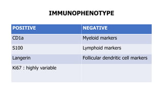 IMMUNOPHENOTYPE
POSITIVE NEGATIVE
CD1a Myeloid markers
S100 Lymphoid markers
Langerin Follicular dendritic cell markers
Ki67 : highly variable
 