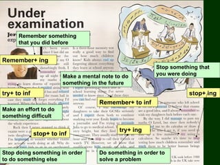 Remember+ ing Remember+ to inf stop+ ing try+ ing Remember something that you did before Make a mental note to do something in the future Stop something that you were doing Stop doing something in order to do something else Make an effort to do something difficult Do something in order to solve a problem stop+ to inf try+ to inf 