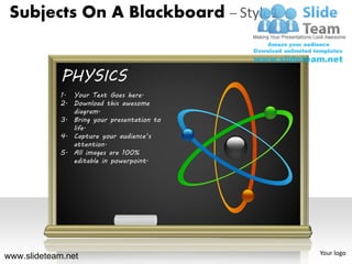 Subjects On A Blackboard – Style1


             PHYSICS
            1. Your Text Goes here.
            2. Download this awesome
               diagram.
            3. Bring your presentation to
               life.
            4. Capture your audience’s
               attention.
            5. All images are 100%
               editable in powerpoint.




                                            Your logo
www.slideteam.net
 