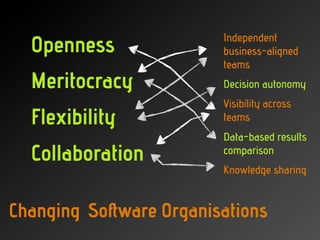 Independent
  Openness              business-aligned
                        teams
  Meritocracy           Decision autono...