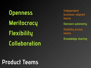 Independent
  Openness        business-aligned
                  teams
  Meritocracy     Decision autonomy
               ...