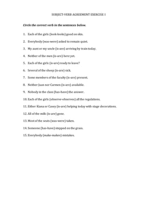 SUBJECT-VERB AGREEMENT EXERCISE I
Circle the correct verb in the sentences below.
1. Each of the girls (look-looks) good on skis.
2. Everybody (was-were) asked to remain quiet.
3. My aunt or my uncle (is-are) arriving by train today.
4. Neither of the men (is-are) here yet.
5. Each of the girls (is-are) ready to leave?
6. Several of the sheep (is-are) sick.
7. Some members of the faculty (is-are) present.
8. Neither Juan nor Carmen (is-are) available.
9. Nobody in the class (has-have) the answer.
10. Each of the girls (observe-observes) all the regulations.
11. Either Kiana or Casey (is-are) helping today with stage decorations.
12. All of the milk (is-are) gone.
13. Most of the seats (was-were) taken.
14. Someone (has-have) stepped on the grass.
15. Everybody (make-makes) mistakes.
 