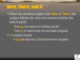Here, There, and It When the sentence begins with  Here  or  There , the subject follows the verb and controls whether the verb is plural  Here  are  my reason s  for quitting (plural) There  is  no need to pay me next week (singular) It  is always singular It  was  the long hour s  that bothered me (singular) 