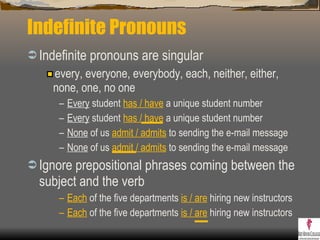 Indefinite Pronouns Indefinite pronouns are singular  every, everyone, everybody, each, neither, either, none, one, no one Every  student  has / have  a unique student number Every  student  has / have  a unique student number None  of us  admit / admits  to sending the e-mail message None  of us  admit / admits  to sending the e-mail message Ignore prepositional phrases coming between the subject and the verb Each  of the five departments  is / are  hiring new instructors Each  of the five departments  is / are  hiring new instructors 