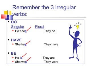 Remember the 3 irregular
    verbs:
   DO
    Singular      Plural
       He does            They do

   HAVE
       She has            They have

   BE
       He is          They are
       She was         They were
 